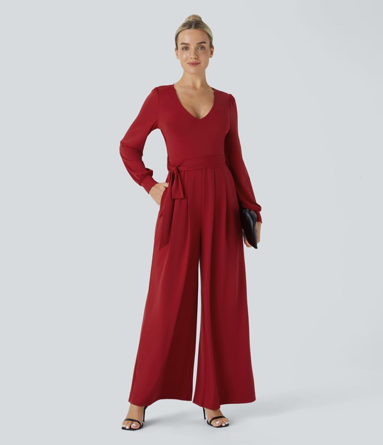 V-neck button long sleeve belted pleated side pocket wide party guest look jumpsuit