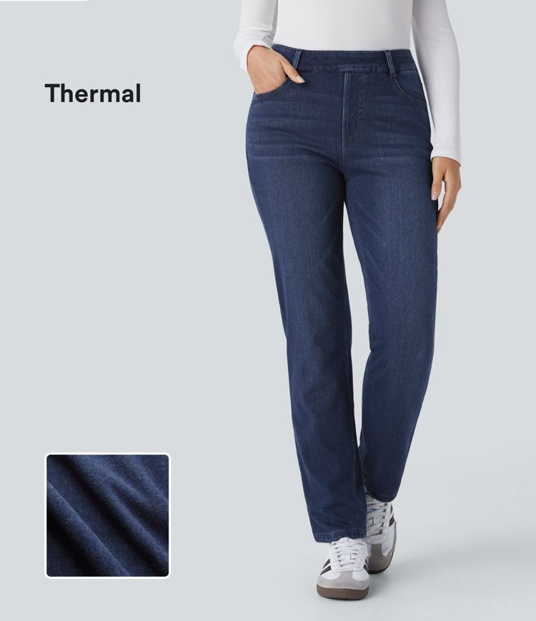 Halara Flex™ High Waisted Multiple Pockets Straight Leg Washed Stretchy Knit Thermal Casual Jeans