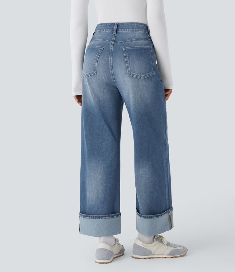 Halara Flex™ High Waisted Multiple Pockets Adjustable Hem Wide Leg Washed Stretchy Knit Casual Jeans