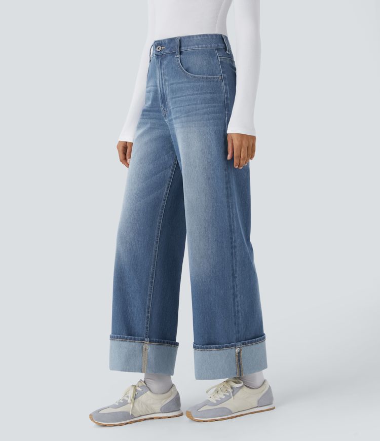 Halara Flex™ High Waisted Multiple Pockets Adjustable Hem Wide Leg Washed Stretchy Knit Casual Jeans