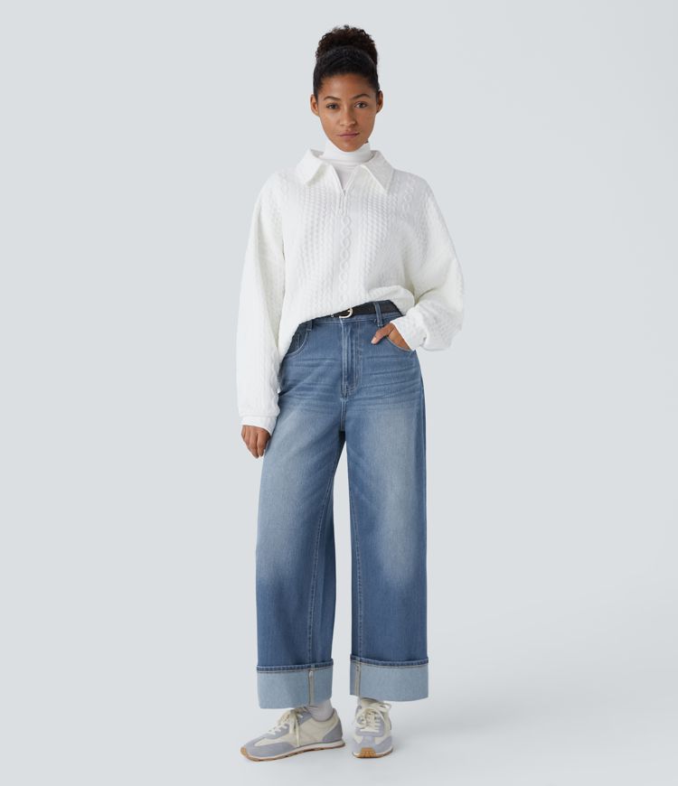 Halara Flex™ High Waisted Pockets Adjustable Hem Wide Leg Washed Casual Jeans