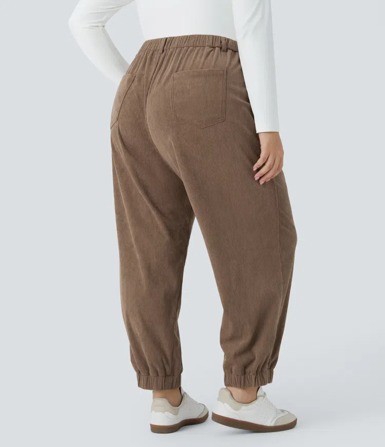 Mid Rise Button Zipper Multiple Pockets Corduroy Casual Plus Size Joggers