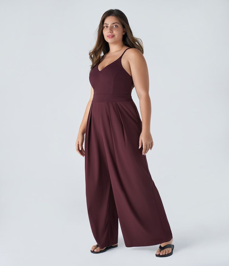 Breezeful™ Backless Side Invisible Zipper Pocket Wide Leg Quick Dry Resort Slip Plus Size Jumpsuit