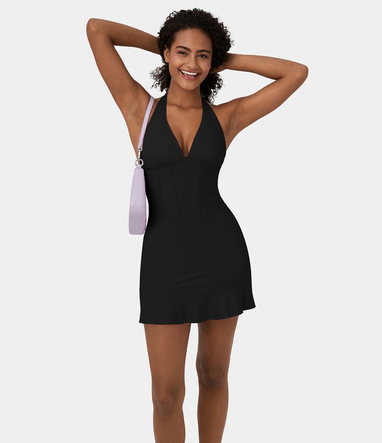 SoftlyZero™ Airy Halter Tie Back Corset Ruffle Hem Mini Cool Touch Casual Dress-UPF50+