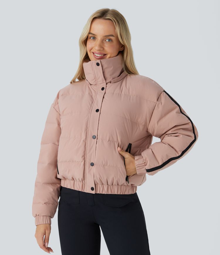 Water Repellent Removable Hood Side Zipper Pocket Contrast Tape Relaxed Casual Puffer Down Jacket