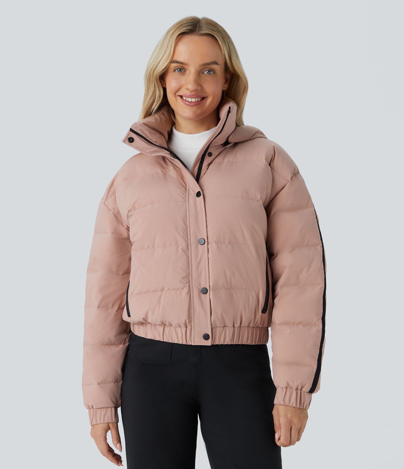 Water Repellent Removable Hood Side Zipper Pocket Contrast Tape Relaxed Casual Puffer Down Jacket
