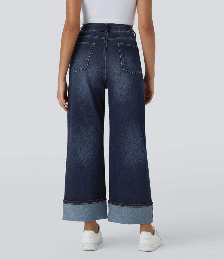 HalaraMagic™ High Waisted Multiple Pockets Rolled Hem Wide Leg Washed Stretchy Knit Casual Jeans