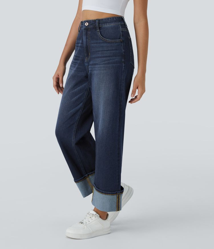 Halara Flex™ Jean Larges Taille Haute Ourlet Roulotté Multiples Poches