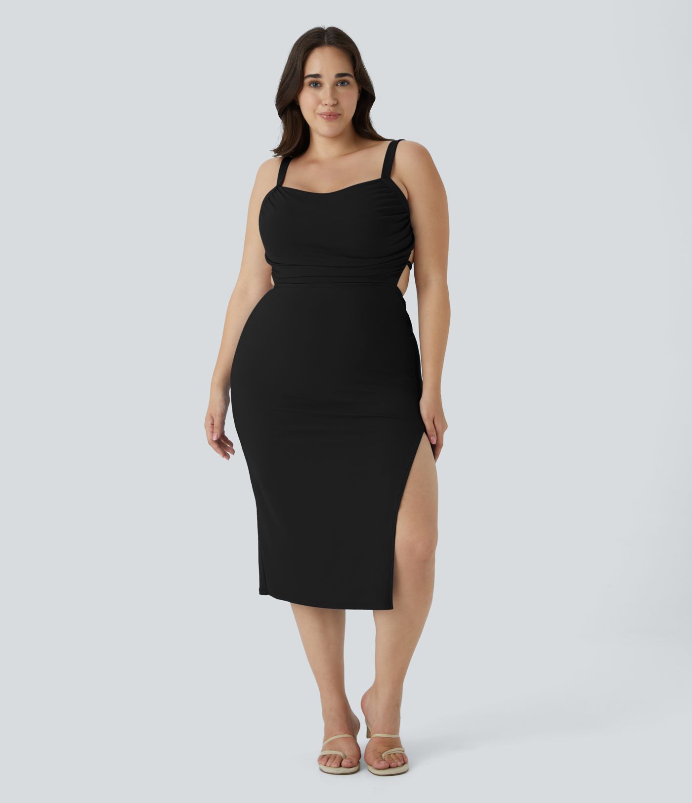 Robe Midi Casual Plissée Dos Nu Croisée Fendue Laqué Grande Taille