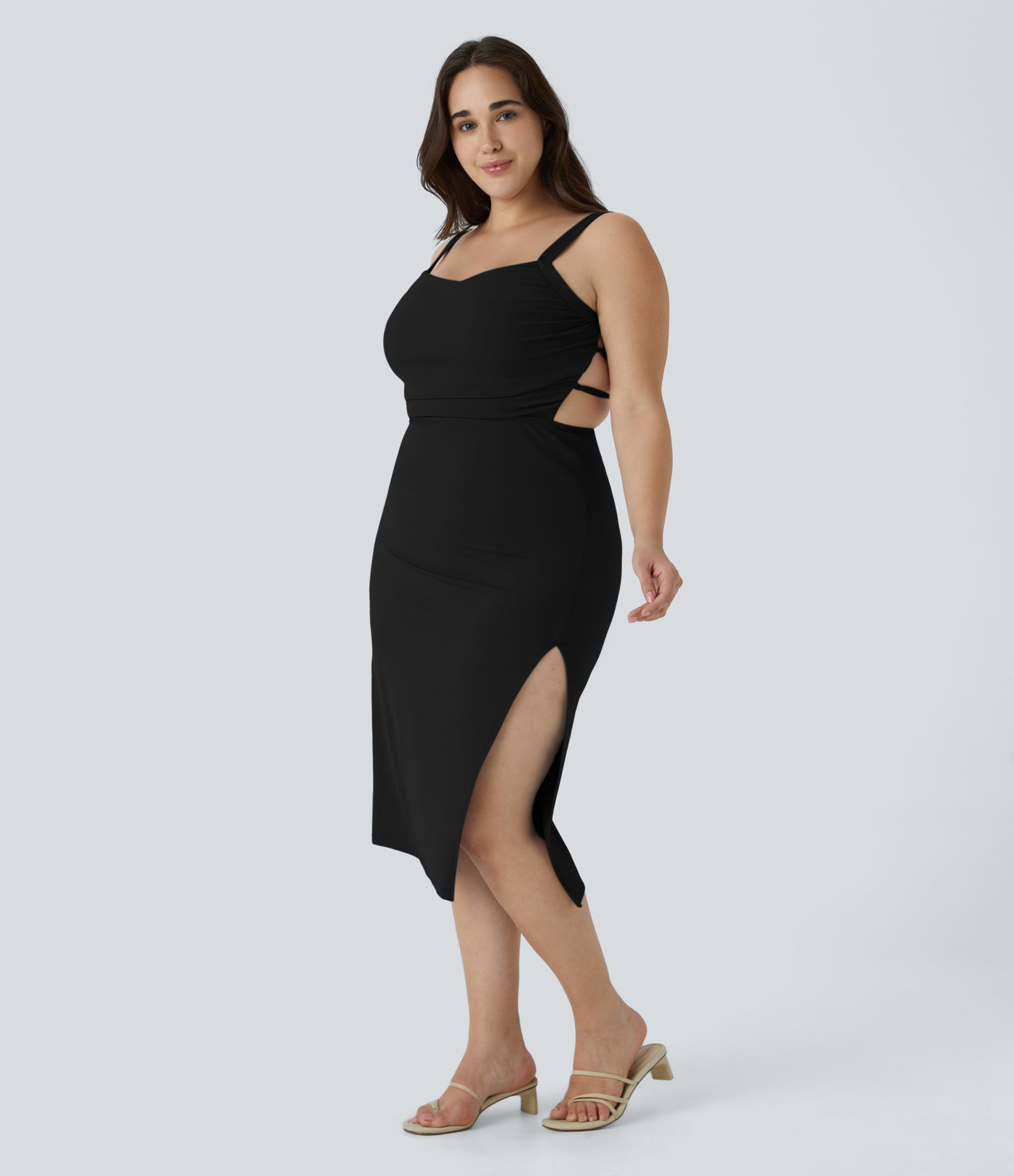 Robe Midi Casual Plissée Dos Nu Croisée Fendue Laqué Grande Taille