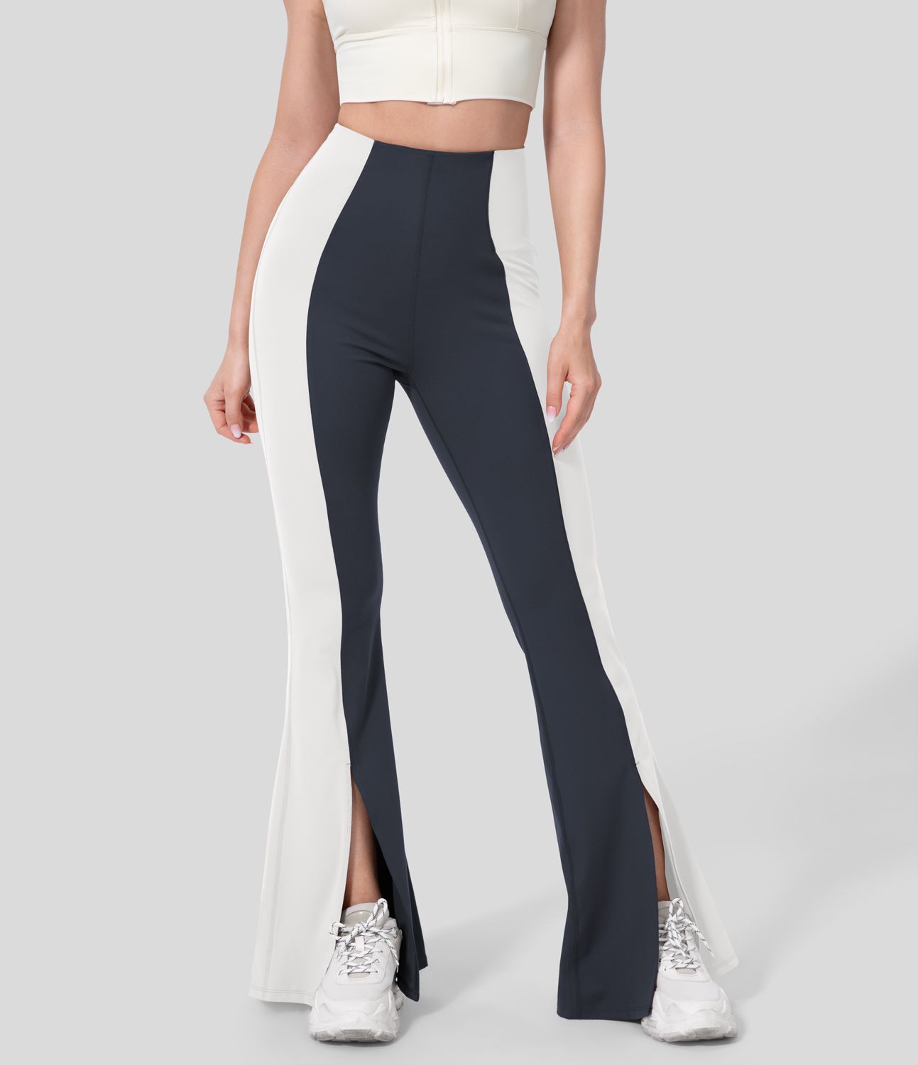 Casual Flared High Waist Pants with Tummy Control Split Hem and Color Block