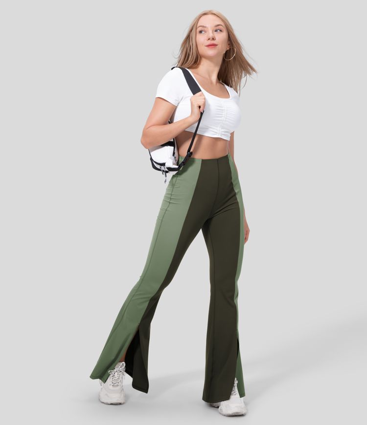 High Waisted Tummy Control Hem Color Block Flare Casual Leggings
