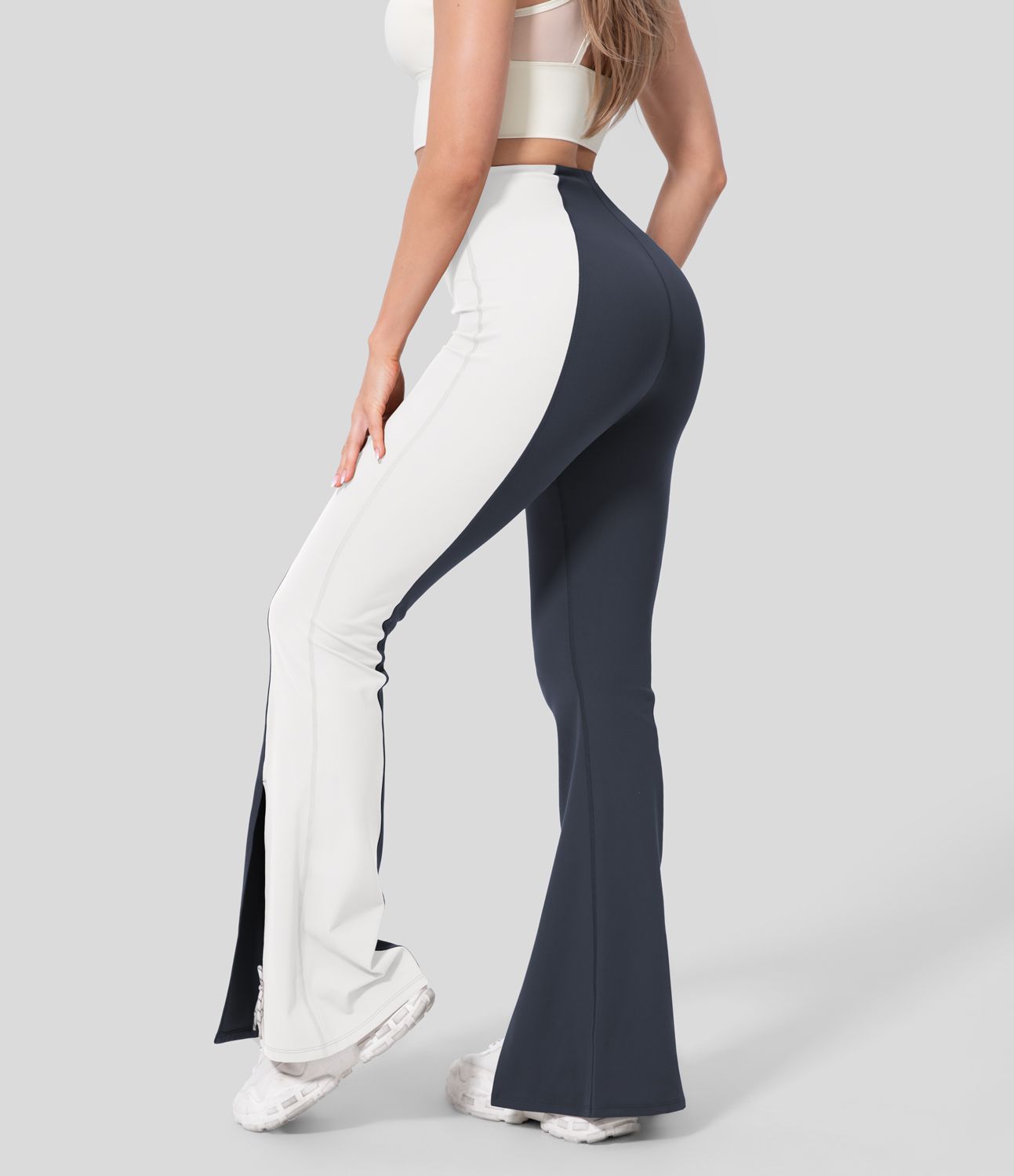 Casual Flared High Waist Pants with Tummy Control Split Hem and Color Block