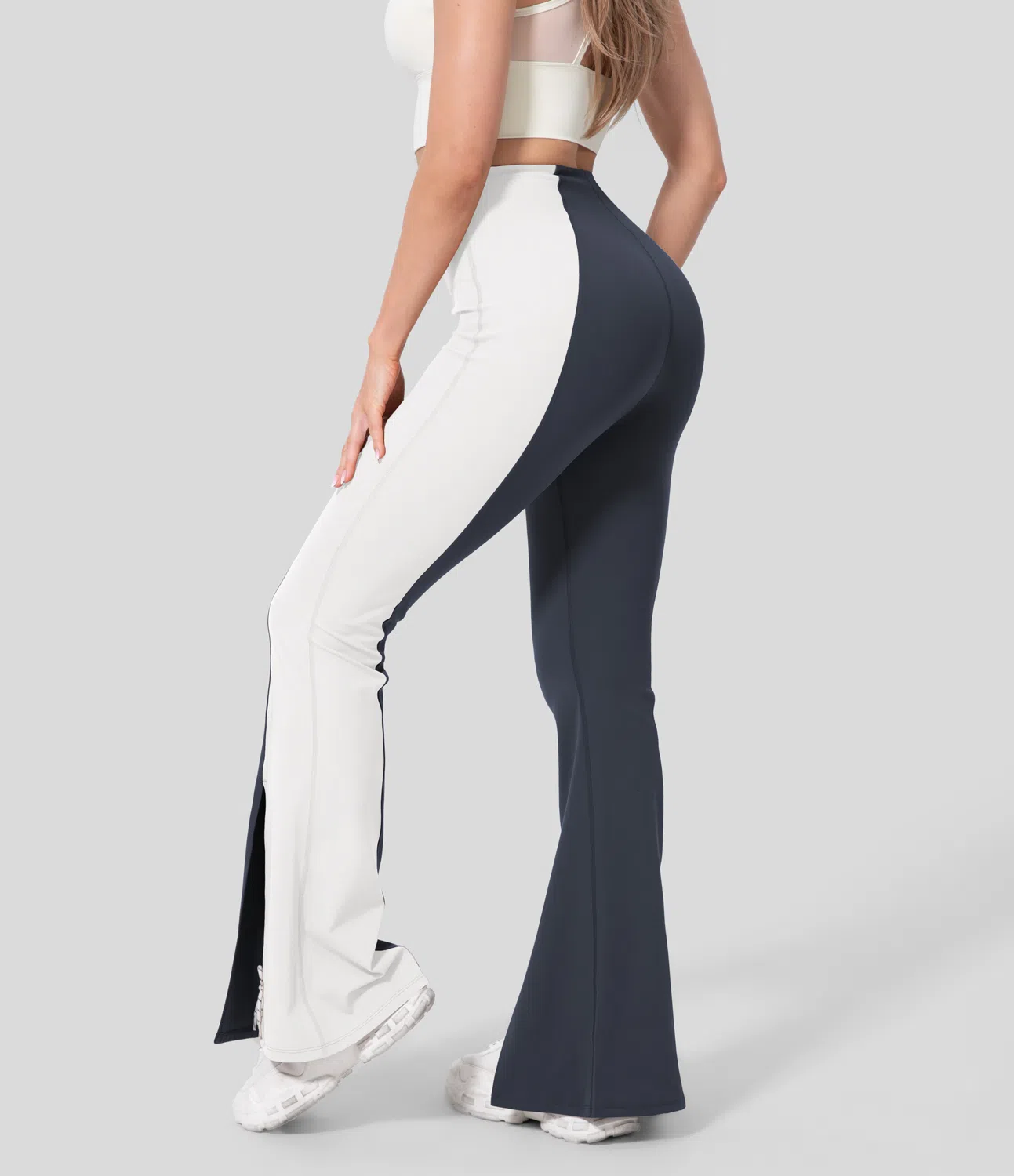 High Waisted Tummy Control Split Hem Color Block Flare Casual Leggings