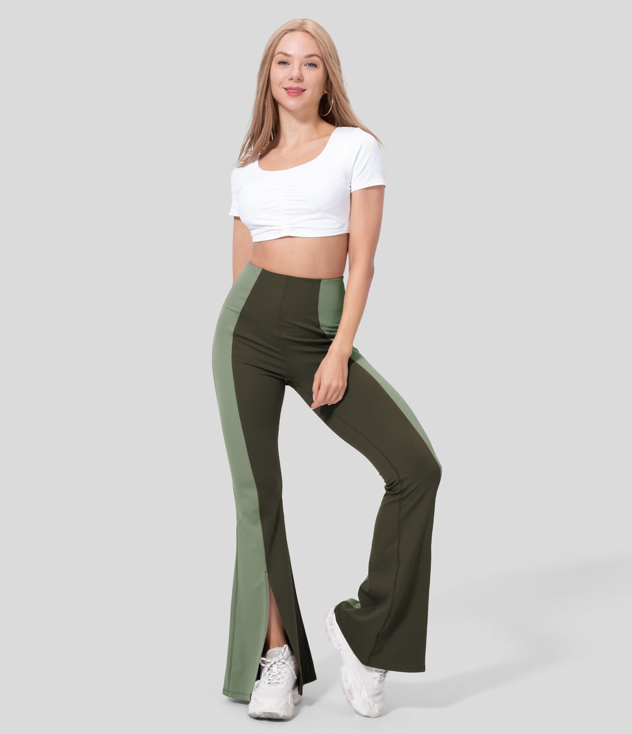 High Waisted Tummy Control Hem Color Block Flare Casual Leggings