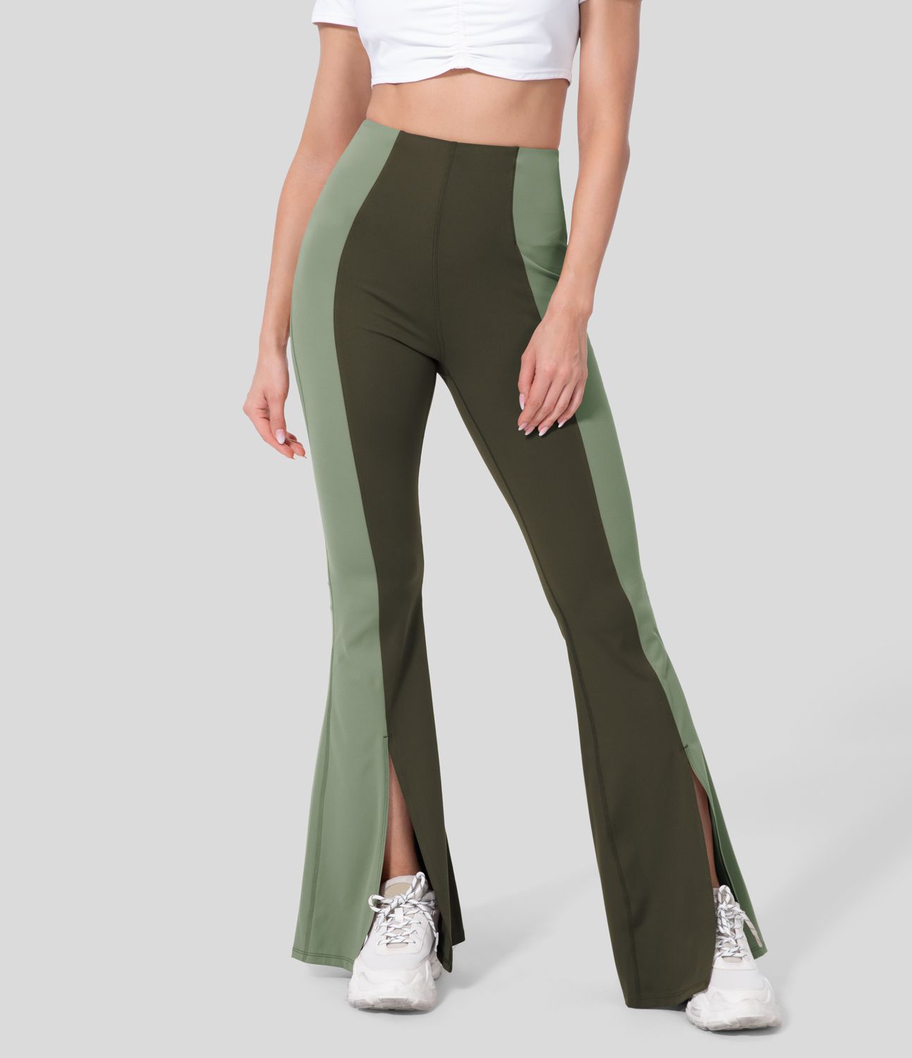 High Waisted Tummy Control Hem Color Block Flare Casual Leggings