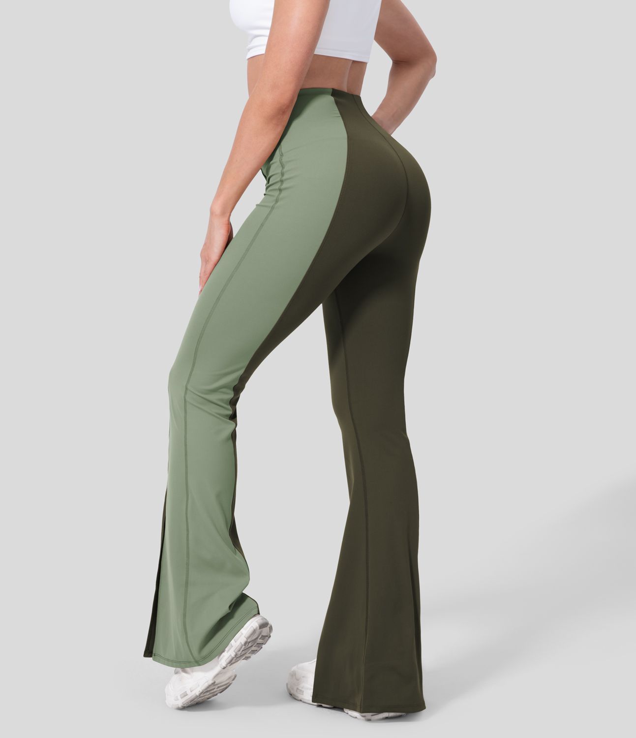 High Waisted Tummy Control Hem Color Block Flare Casual Leggings