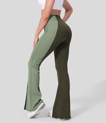High Waisted Tummy Control Hem Color Block Flare Casual Leggings