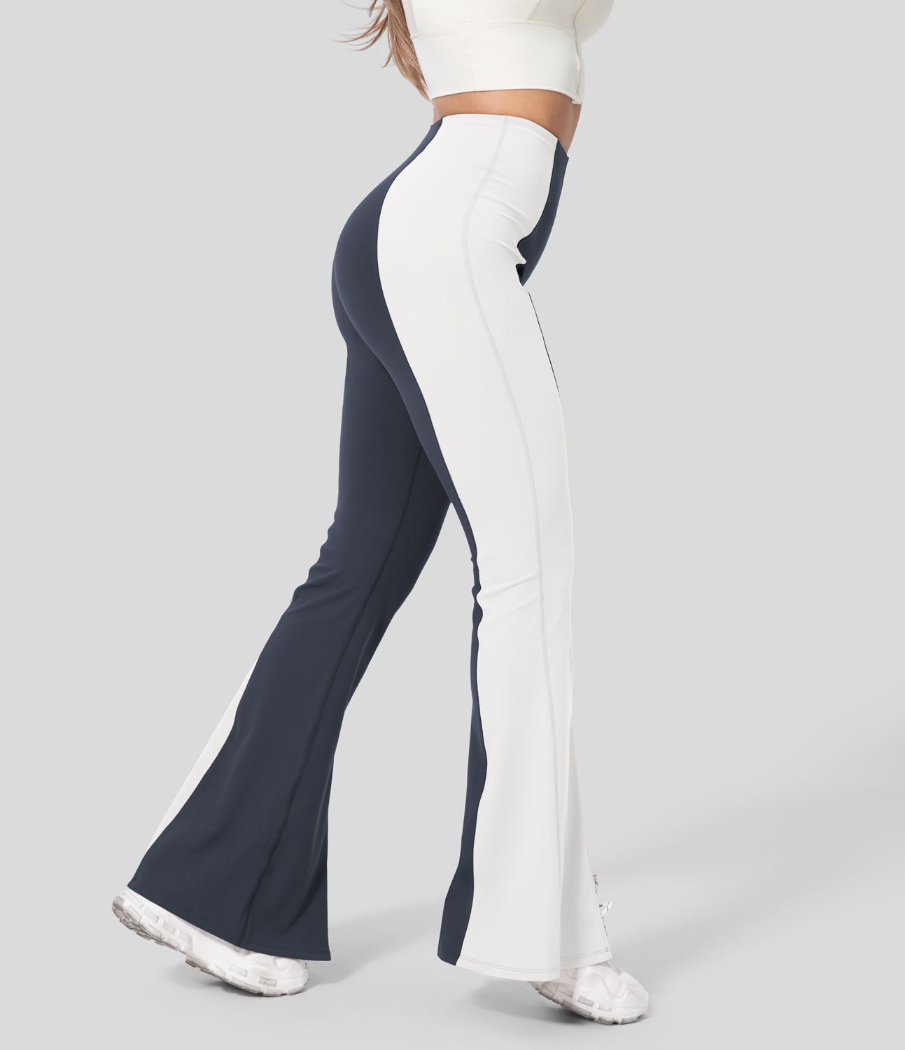 Casual Flared High Waist Pants with Tummy Control Split Hem and Color Block