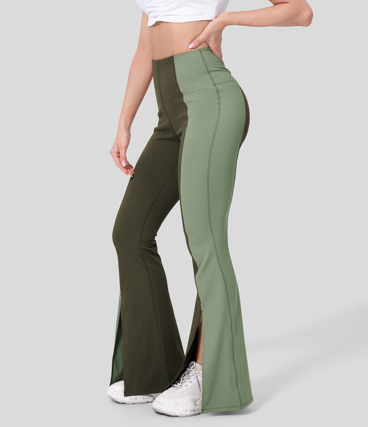 High Waisted Tummy Control Hem Color Block Flare Casual Leggings