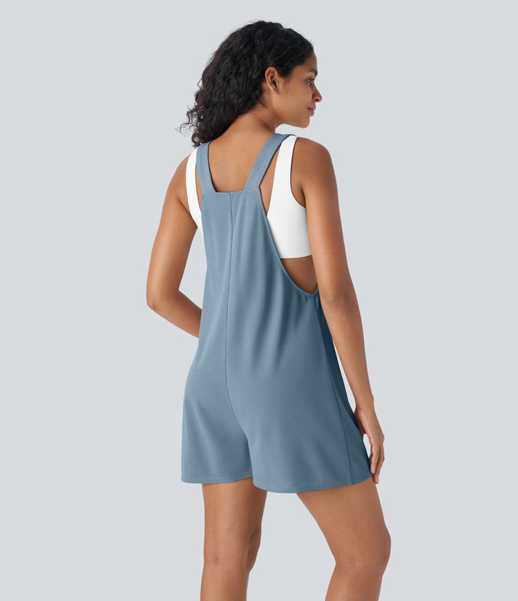 Knot Strap Decorative Pockets Waffle Short Overalls