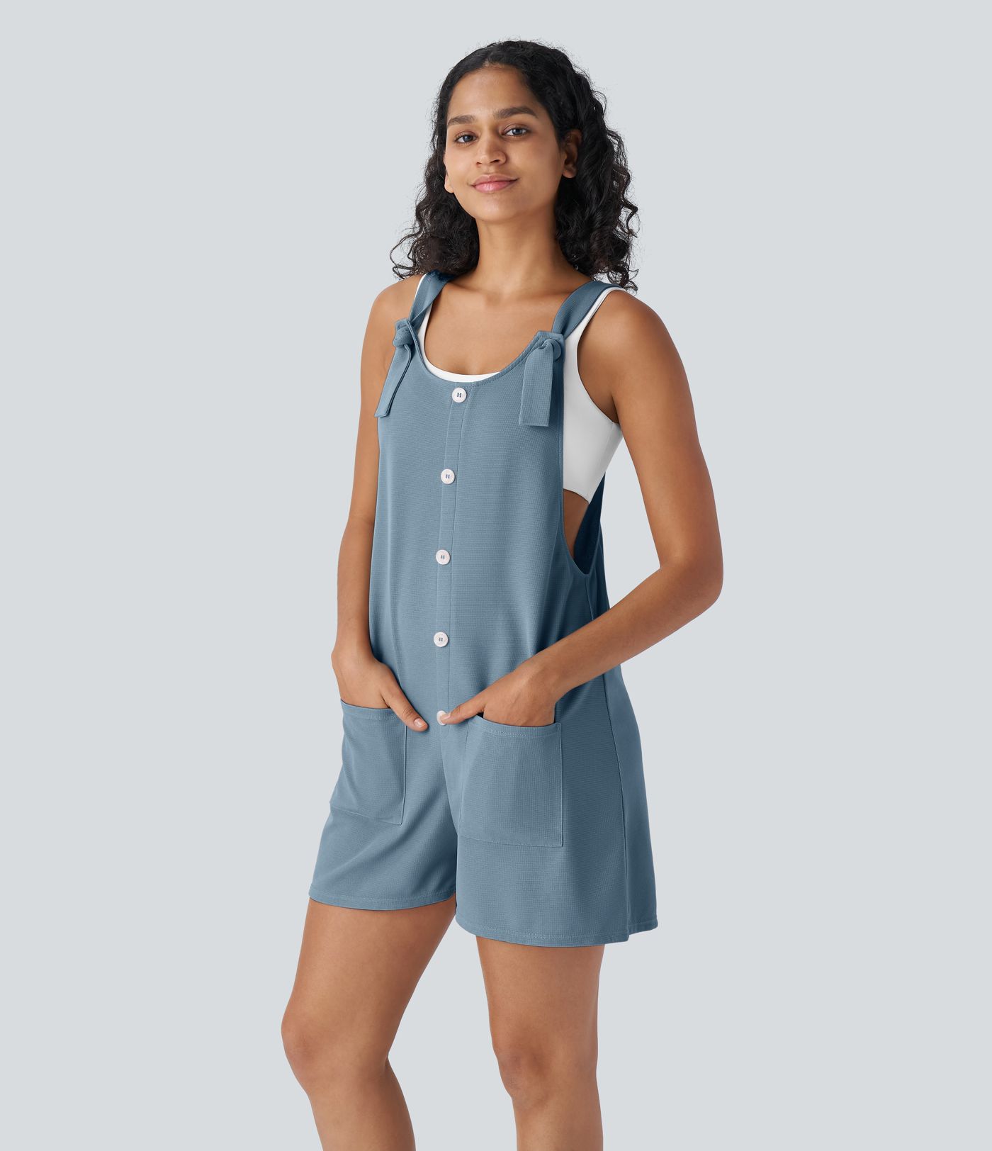 Knot Strap Decorative Pockets Waffle Short Overalls