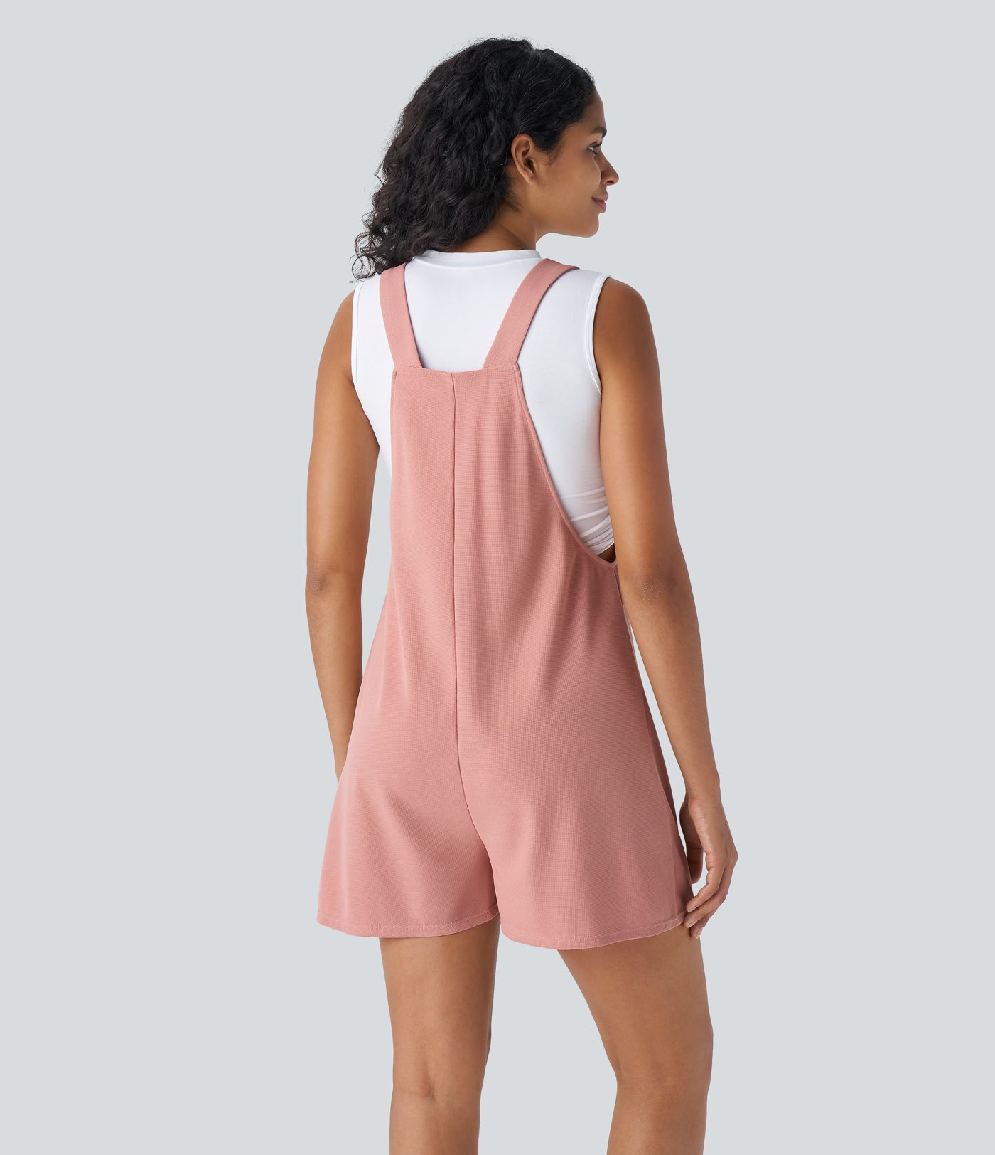 Overol gofre bolsillo delantero botón decorativo correa nudo