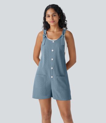 Knot Strap Decorative Pockets Waffle Short Overalls