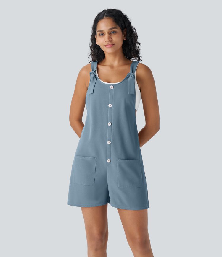 Knot Strap Decorative Pockets Waffle Short Overalls