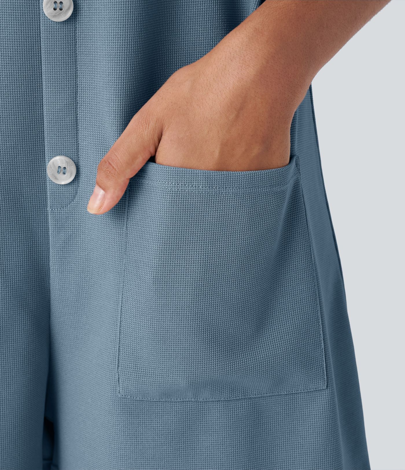 Knot Strap Decorative Pockets Waffle Short Overalls