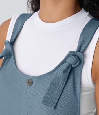 Knot Strap Decorative Pockets Waffle Short Overalls