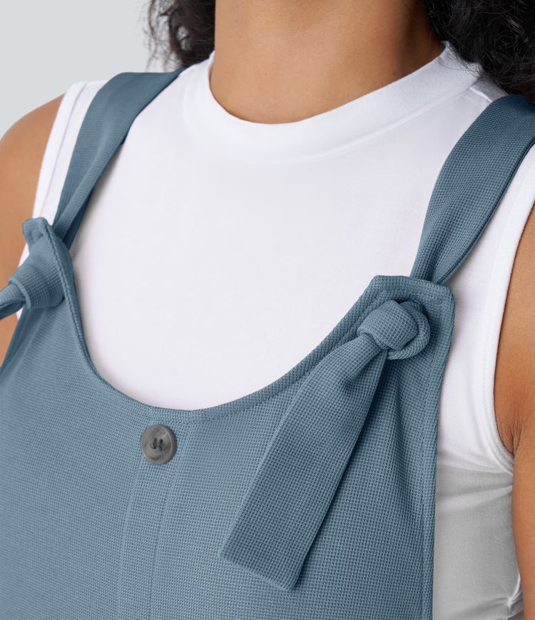 Knot Strap Decorative Pockets Waffle Short Overalls