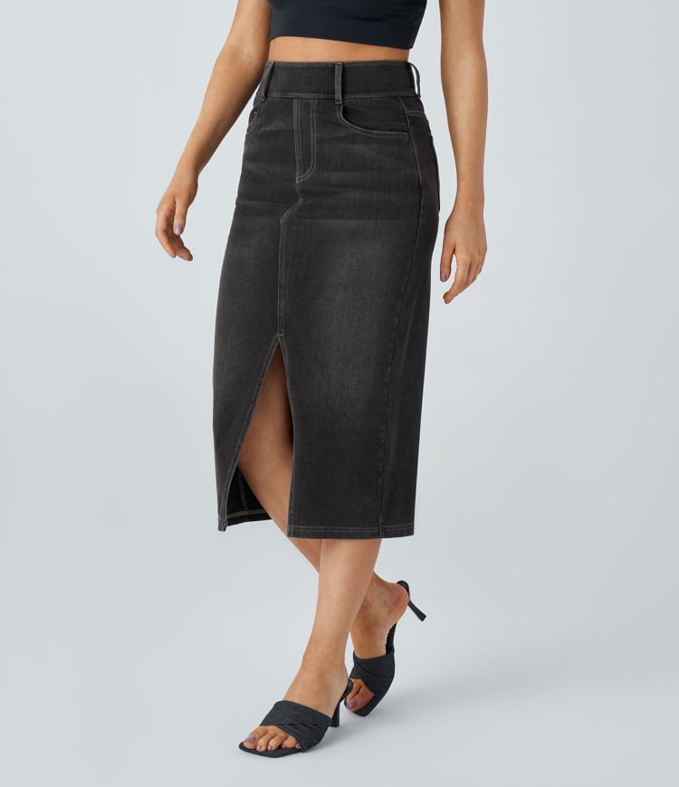 Halara Flex™ High Waisted Pockets Bodycon Washed Denim Casual Midi Skirt
