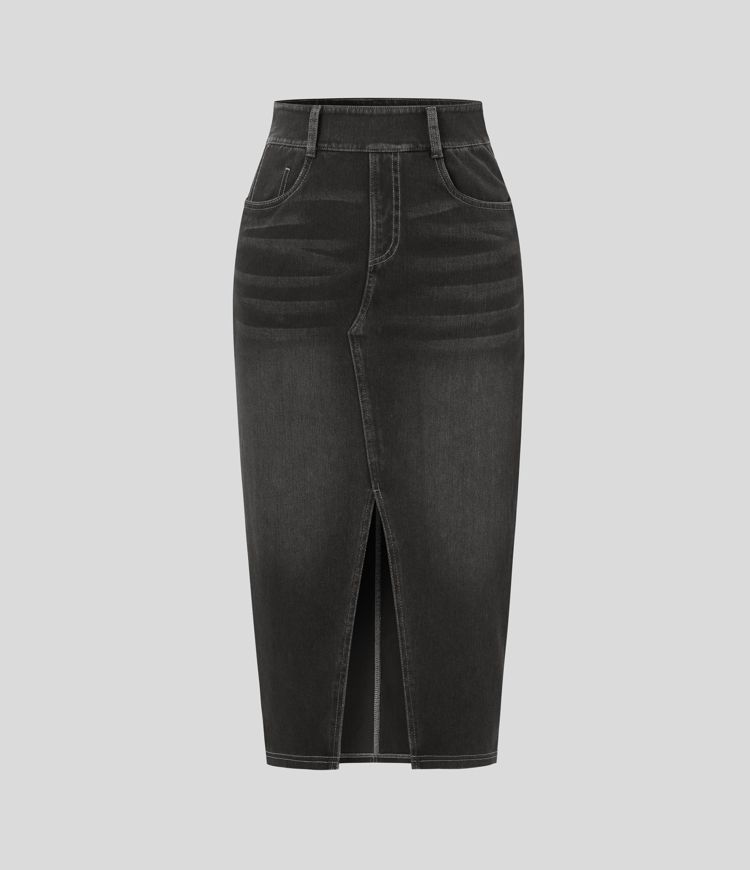 Halara Flex™ High Waisted Pockets Bodycon Washed Denim Casual Midi Skirt