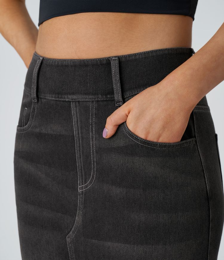 Halara Flex™ High Waisted Pockets Bodycon Washed Denim Casual Midi Skirt