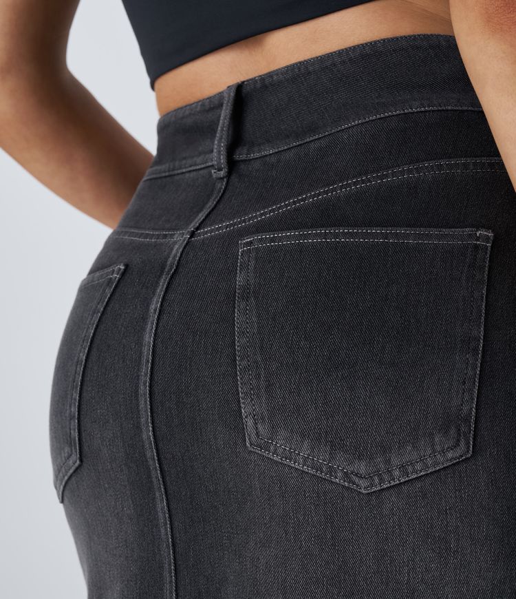 Halara Flex™ High Waisted Pockets Bodycon Washed Denim Casual Midi Skirt