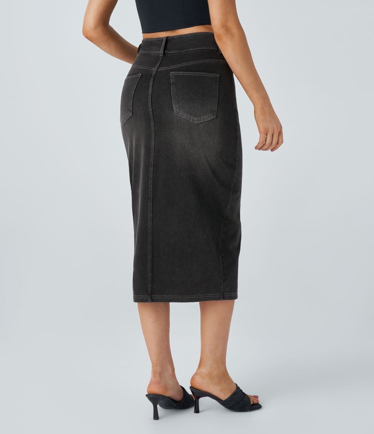 Halara Flex™ High Waisted Pockets Bodycon Washed Denim Casual Midi Skirt