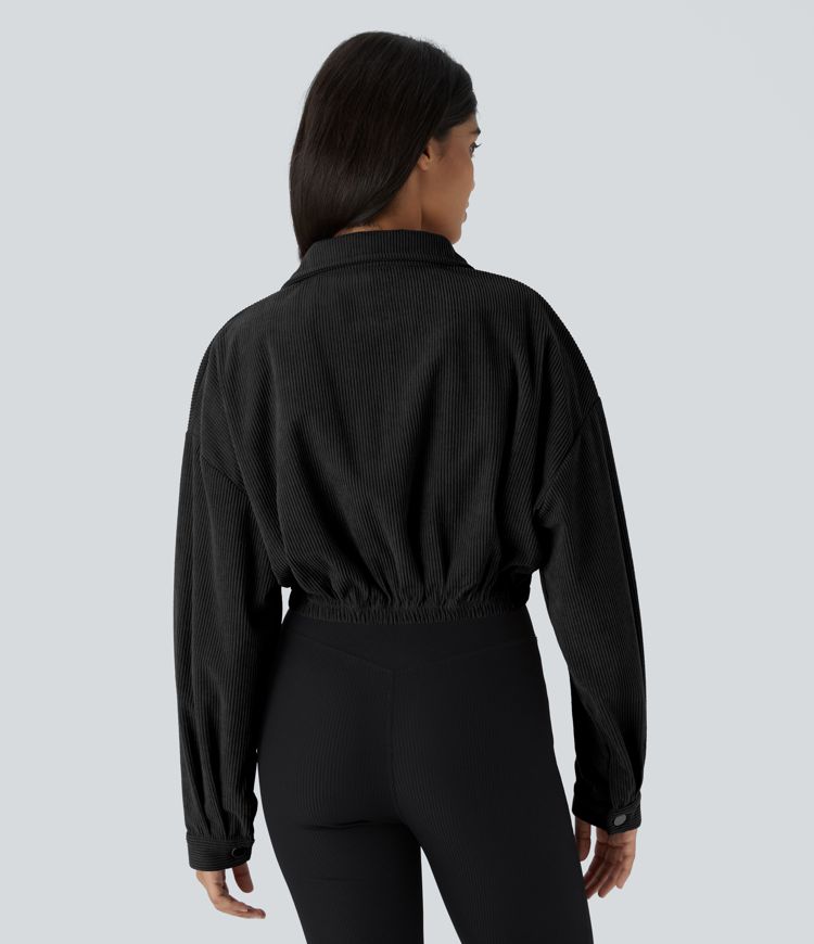 Collared Button Pocket Cropped Corduroy Casual Jacket