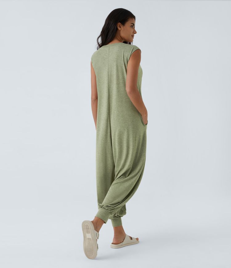 Combinaison de Sarouel Casual pour Vacances sans Manches Poches Latérales Col Henley