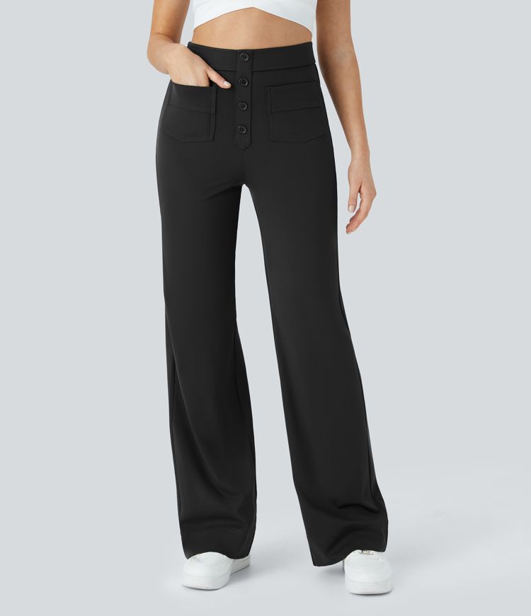 High Waisted Pockets Straight Leg Casual Pants