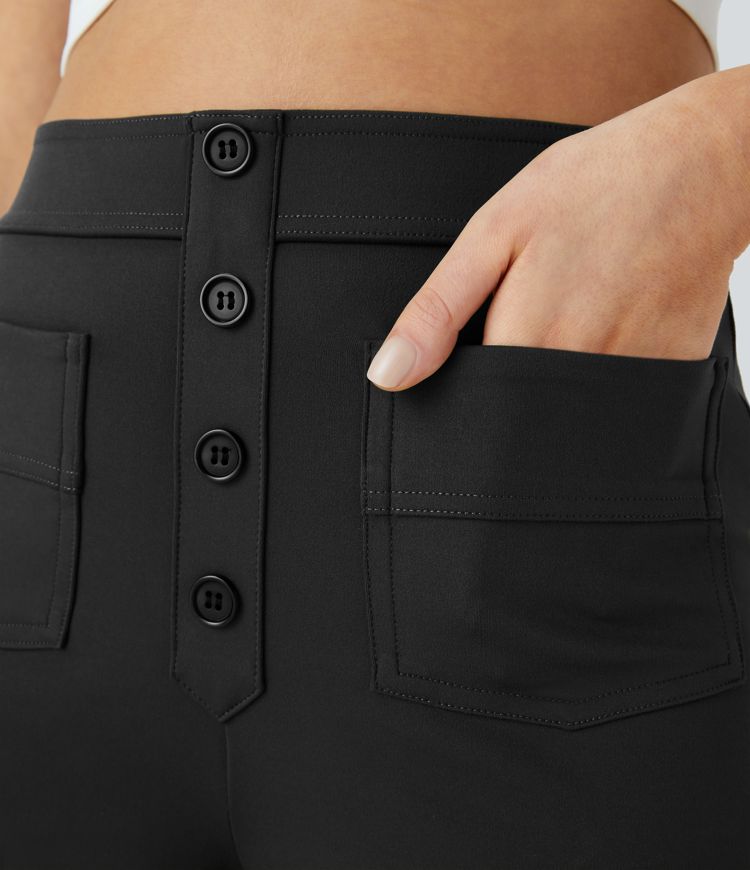 High Waisted Pockets Straight Leg Casual Pants