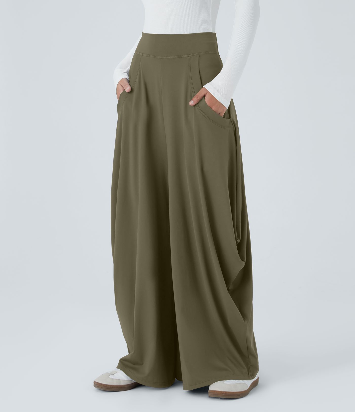 Mid Rise Pockets Draped Wide Leg Casual Pants