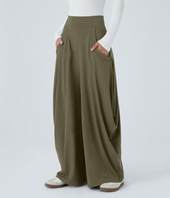 Mid Rise Pockets Draped Wide Leg Casual Pants