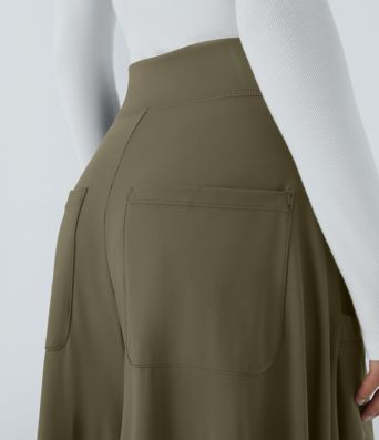 Mid Rise Pockets Draped Wide Leg Casual Pants