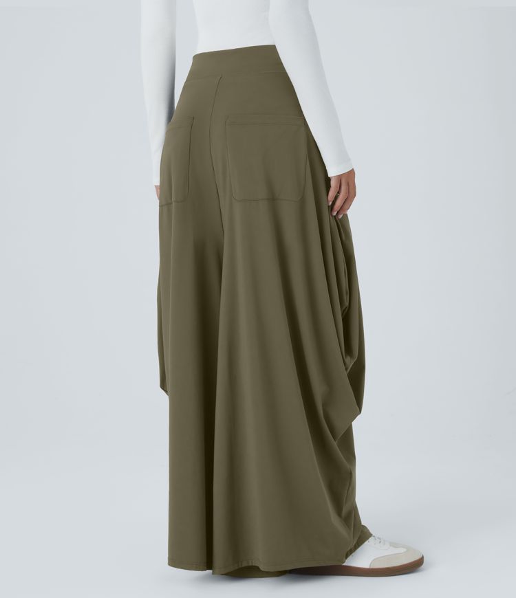 Mid Rise Multiple Pockets Draped Wide Leg Casual Pants