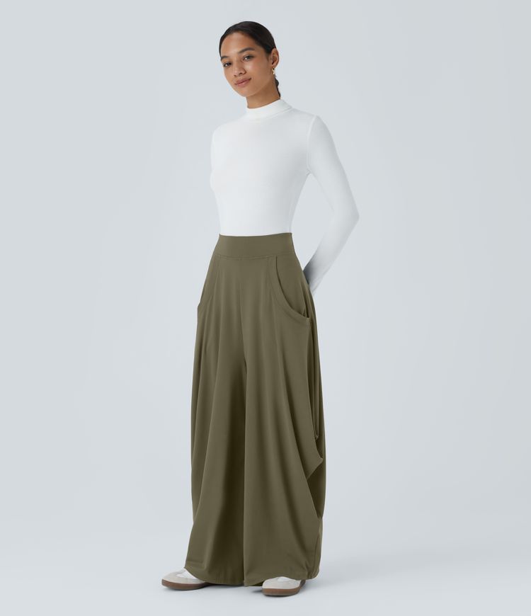 Mid Rise Pockets Draped Wide Leg Casual Pants
