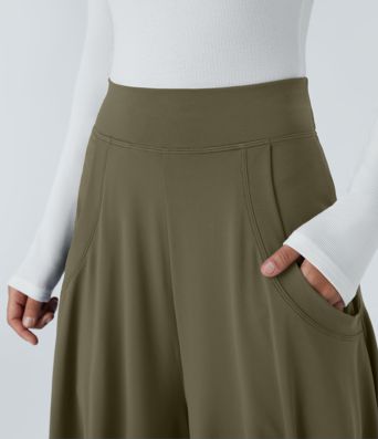 Mid Rise Pockets Draped Wide Leg Casual Pants