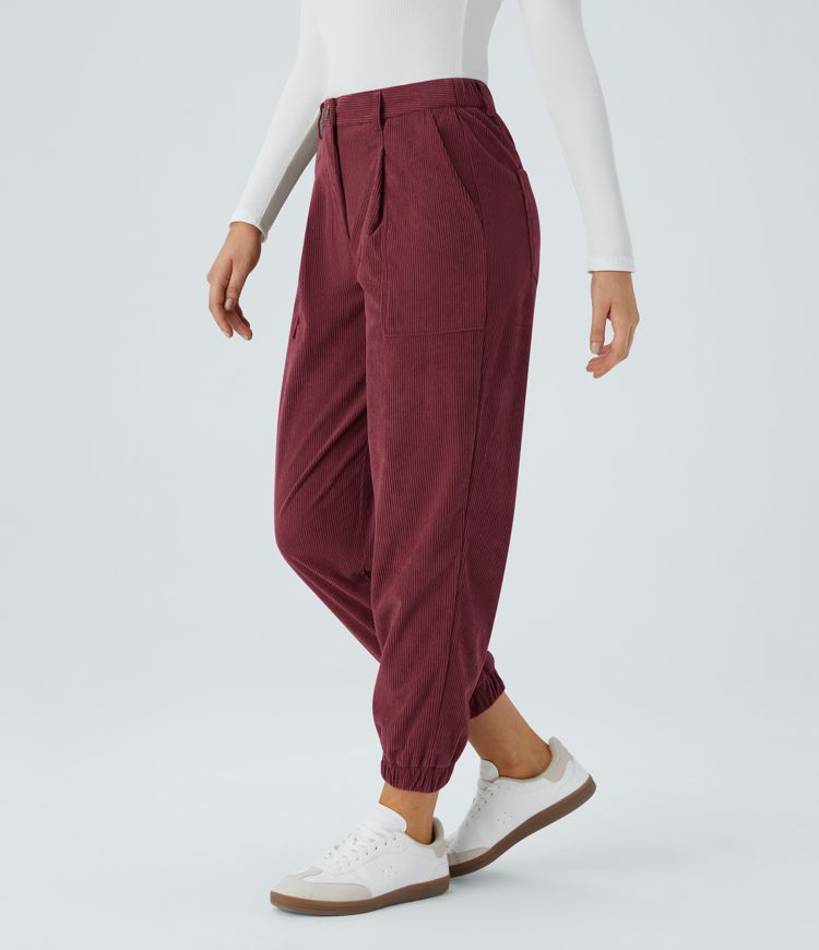Mid Rise Zipper Pockets Corduroy Casual Joggers