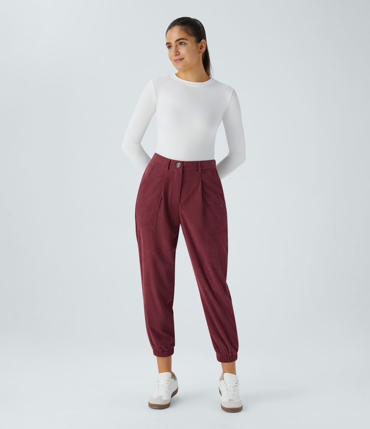 Mid Rise Zipper Pockets Corduroy Casual Joggers