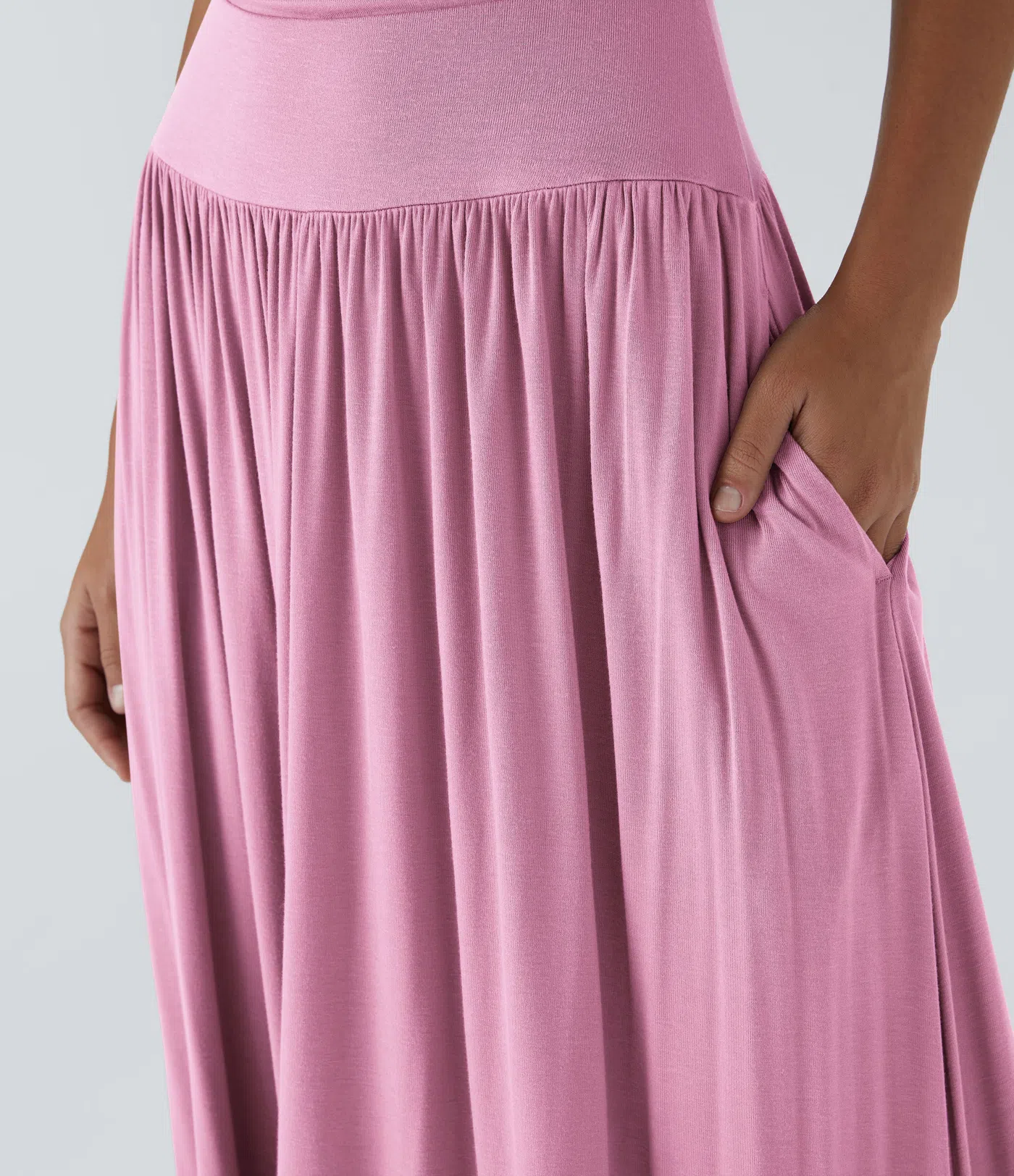 Ribbed Boat Neck Ruched Side Pocket Flowy Maxi Casual Dress